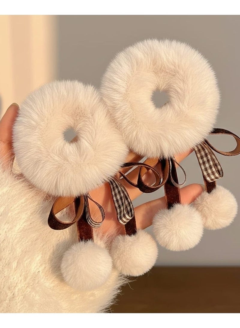 Soft Fur Hair Tie Set of 2 Pieces, Featuring an Elegant Design Decorated with a Bow. Provides a Secure Hold and Is Suitable for Daily Use and Special Occasions, Adding a Chic and Soft Touch to Any Look. Available in Multicolour. - Image 4